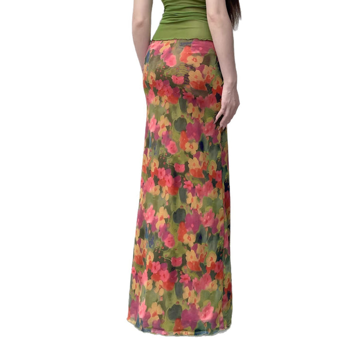 Damen Maxirock mit Chiffon-Overlay, floraler Allover-Print und hohem Seitenschlitz Drune