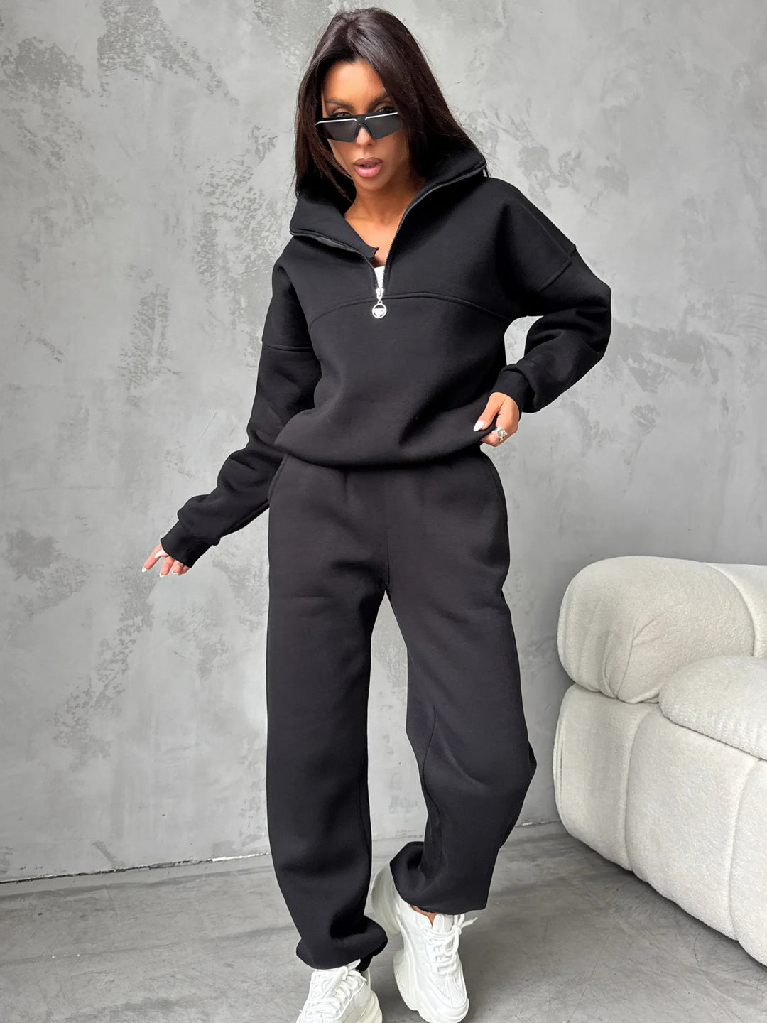 Damen sportlicher Fleece-Jogginganzug mit hohem Kragen und praktischen Reißverschlussdetails Drune