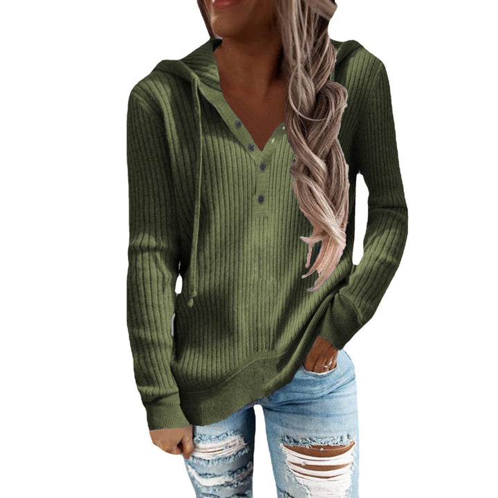 Damen Lässiger gerippter Hoodie-Pullover mit Henley-Knopfleiste und Tunnelzug Drune