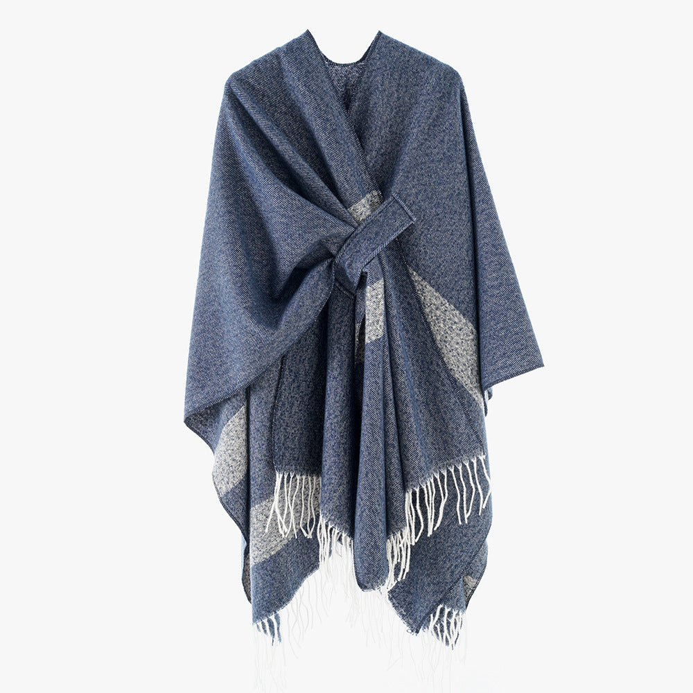 Damen Oversize-Capeponcho aus Wollmix mit diagonaler Kontrastkante und Fransen Drune