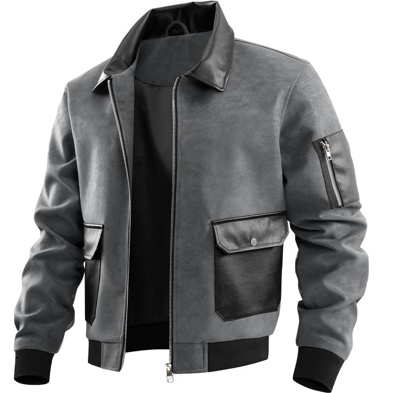 Herren Modische Lederjacke mit hohem Kragen und praktischen Taschen Drune