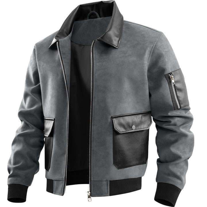 Herren Modische Lederjacke mit hohem Kragen und praktischen Taschen Drune