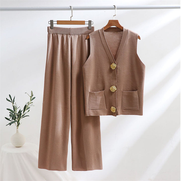 Damen elegantes Strick-Loungewear-Set mit Knopfdetaillierung Drune