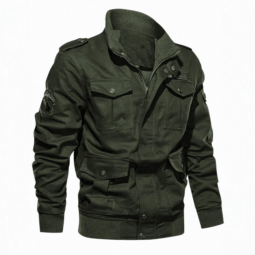 Herren Fieldjacke im Military-Stil mit Mehrfach-Taschen und Strickkragen Drune