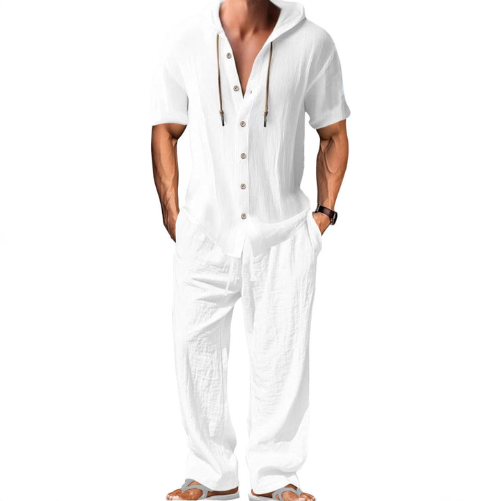 Herren nan luftiges Leinen-Lounge-Set mit kurzärmeligem Kapuzenhemd und gerader Relaxhose Drune