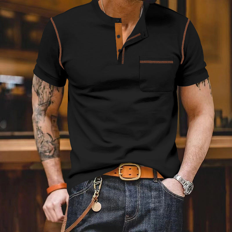 Herren nan urbanes Kurzarmshirt mit Stehkragen, halber Knopfleiste und Brusttasche Drune