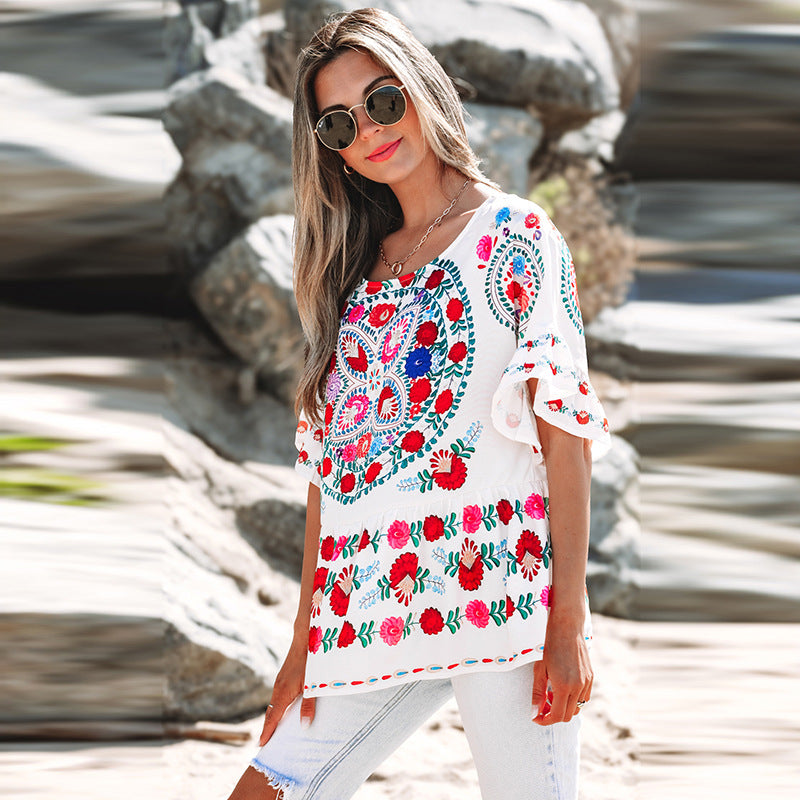 Damen besticktes Blusentop mit voluminösen Ärmeln und floralen Motiven Drune