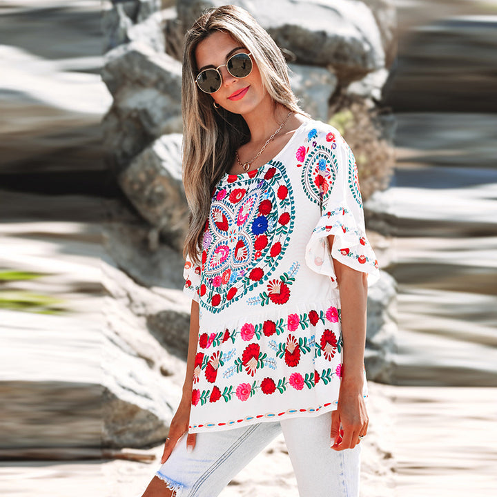 Damen besticktes Blusentop mit voluminösen Ärmeln und floralen Motiven Drune