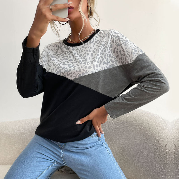 Damen Langarmshirt mit Colorblock, Leo-Print-Einsatz und lässiger Oversize‑Passform Drune