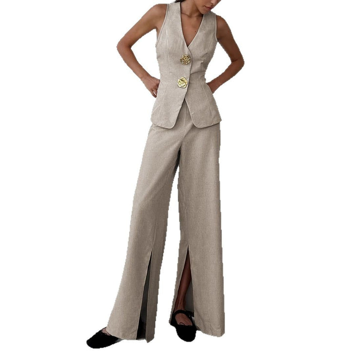 Damen elegantes Ensemble aus ärmellosem Blazer und weiten Hosen Drune
