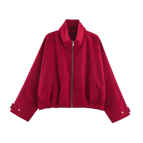 Damen Oversize-Boxy-Bomberjacke mit Stehkragen, Karo-Muster und elastischem Saum Drune