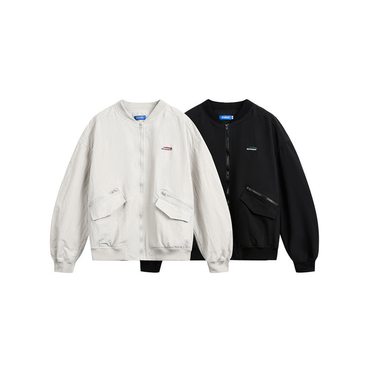 Unisex Kurz geschnittene leichte Nylon‑Bomberjacke mit Utility‑Taschen und geripptem Saum Drune