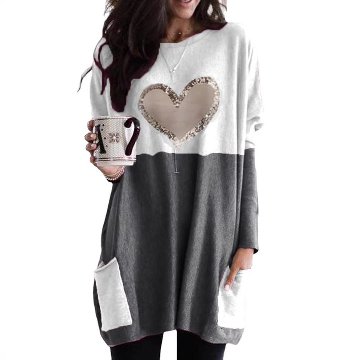 Damen Oversized Lange Pullover Tunika mit Pailletten-Herz und aufgesetzten Taschen Drune