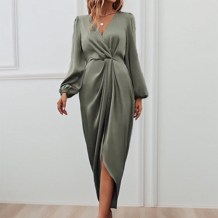 Damen Elegantes Maxikleid mit tiefem V-Ausschnitt und Ballonärmeln Drune