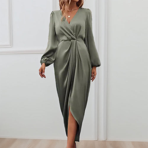 Damen Elegantes Maxikleid mit tiefem V-Ausschnitt und Ballonärmeln Drune