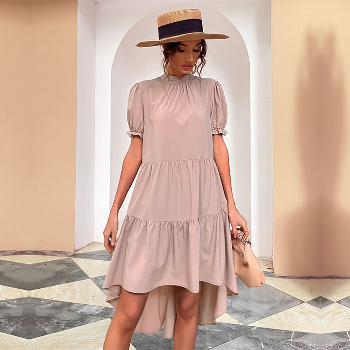Damen lässiges Sommerkleid mit voluminösen Puffärmeln und elegantem asymmetrischem Saum Drune