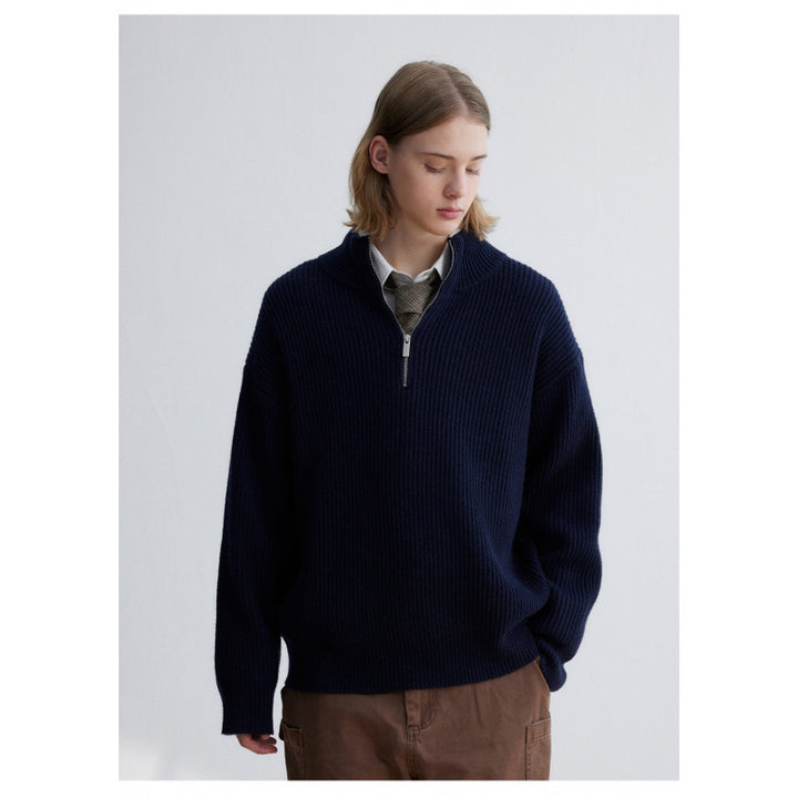 Herren Oversized Rippstrick-Halbzippullover mit verlängertem Arm und hohem Stehkragen Drune