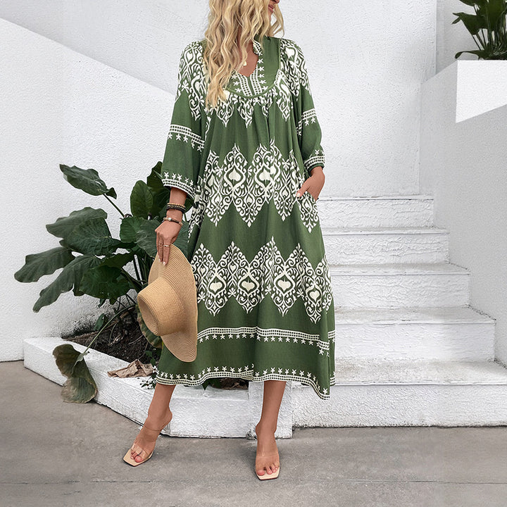 Damen lässiges Maxikleid mit elegantem ethnischem Muster und praktischen Taschen Drune
