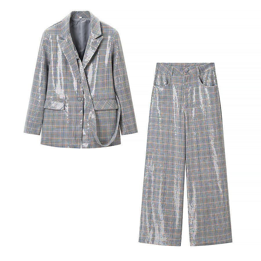Damen Zweiteiliges Glencheck-Blazer- und Weite-Hosen-Set mit metallischem Glanz Drune
