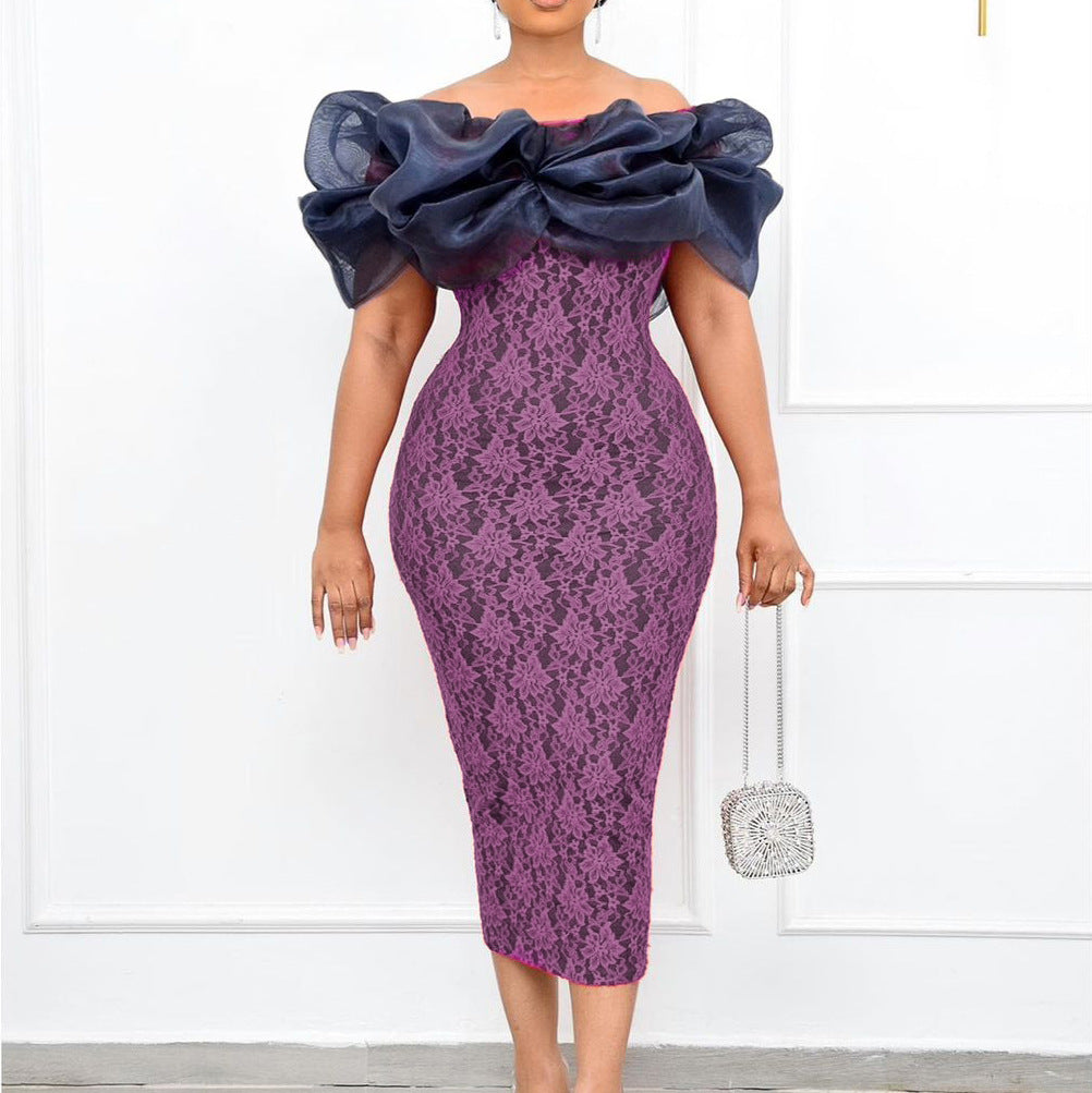 Damen Cocktailkleid mit luxuriösen Puffärmeln und floralen Applikationen Drune