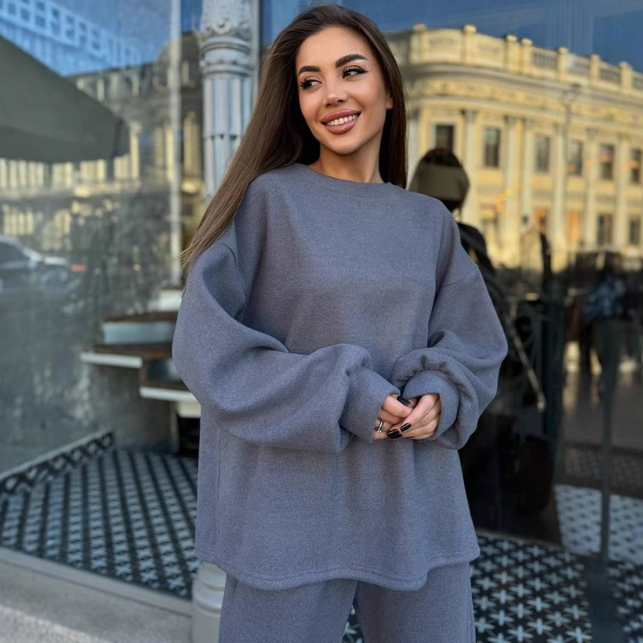 Damen Weiches Oversized-Strick-Loungewear-Set mit legerem Rundhals-Pullover und weiter Komforthose Drune