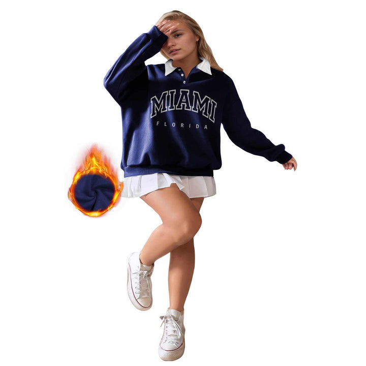 Damen Oversized College-Sweatshirt mit Polokragen und wärmender Fleece-Innenseite Drune