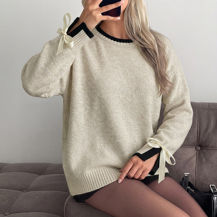 Damen Oversize-Feinstrickpullover mit kontrastgerippter Passe und Schleifen-Details Drune