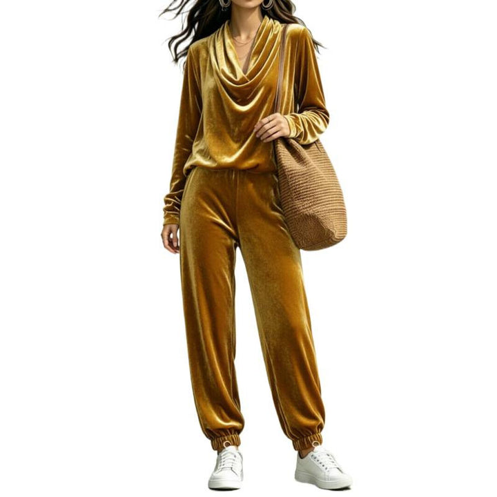 Damen Samt-Lounge-Set mit Wasserfallkragen und Jogger-Hose Drune