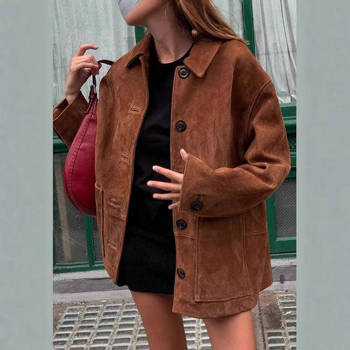 Damen klassische Wildlederjacke im entspannten Schnitt mit knöpfbarem Verschluss Drune