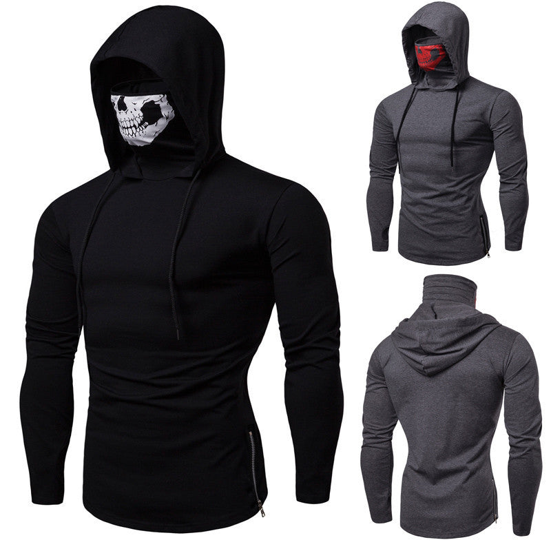 Herren Slim-Fit Kapuzenpullover mit integrierter Totenkopf-Gesichtsmaske Drune