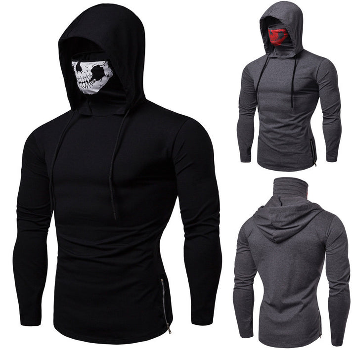 Herren Slim-Fit Kapuzenpullover mit integrierter Totenkopf-Gesichtsmaske Drune