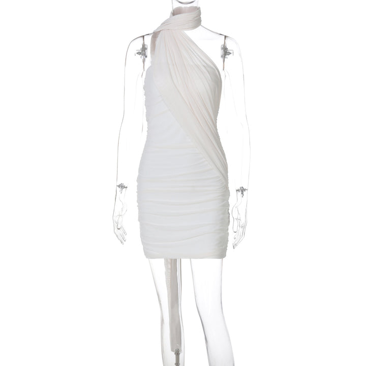 Damen elegantes Minikleid aus leichtem, drapiertem Stoff mit asymmetrischem Ausschnitt Drune