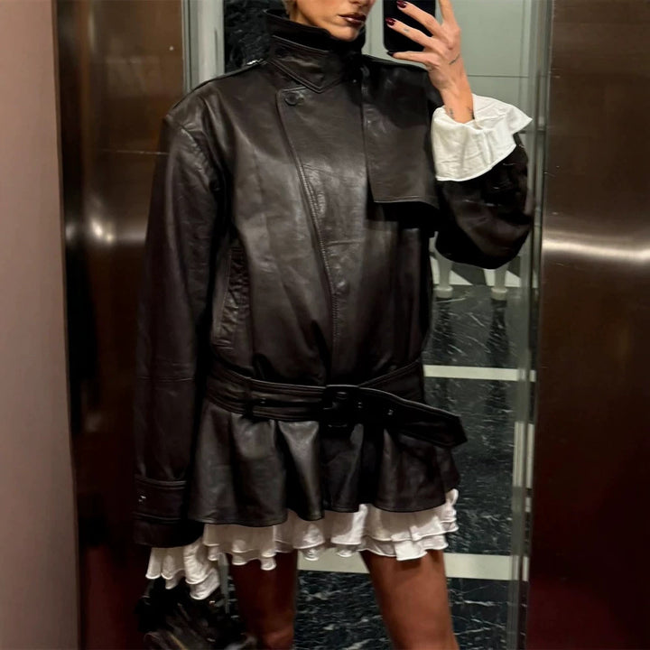 Damen Oversize-Lederjacke mit taillierendem Bindegürtel und Volant-Saum Drune