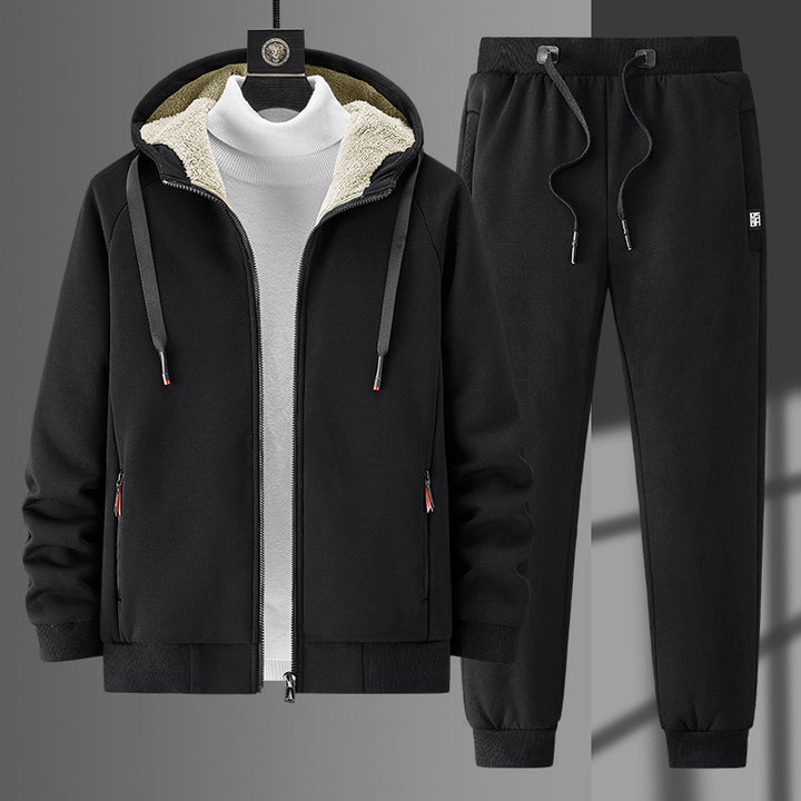 Herren Fleecegefüttertes Zip-Hoodie und Jogginghose Set mit Teddyfutter Drune