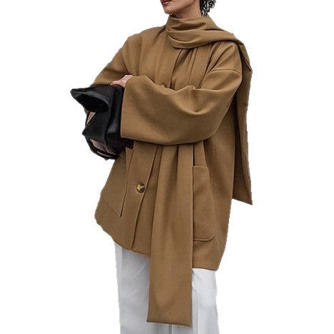 Damen modische Oversized-Jacke mit Schal und praktischen Taschen Drune