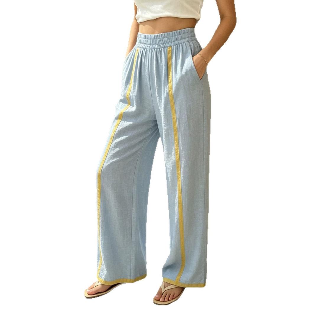 Damen Weite Leinenhose mit Kontraststreifen und elastischem Bund Drune