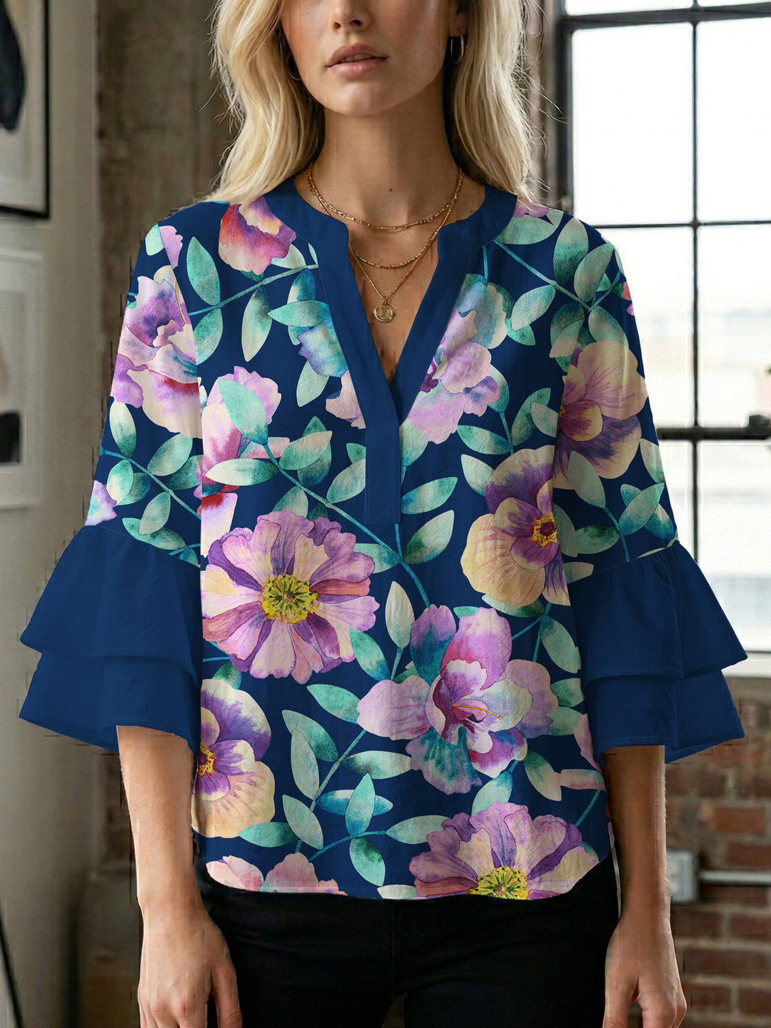 Damen Bluse mit voluminösen Ärmeln und floralem Design Drune