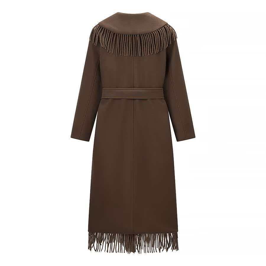 Damen Langer Fransen-Wollmix-Mantel mit Kapuze, Bindegürtel und aufgesetzten Taschen Drune