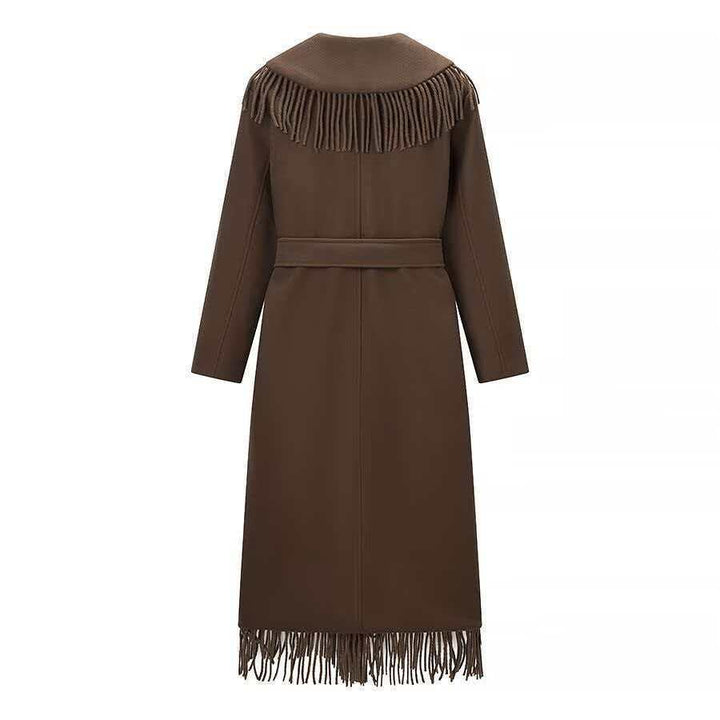 Damen Langer Fransen-Wollmix-Mantel mit Kapuze, Bindegürtel und aufgesetzten Taschen Drune