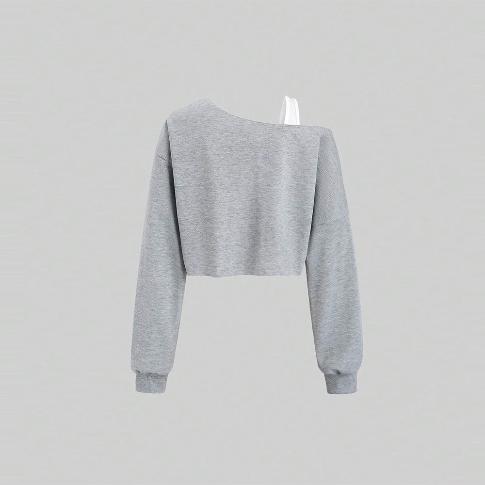 Damen cropped Off-Shoulder Sweatshirt mit einseitigem Träger, Ballonärmeln und Rippbündchen Drune