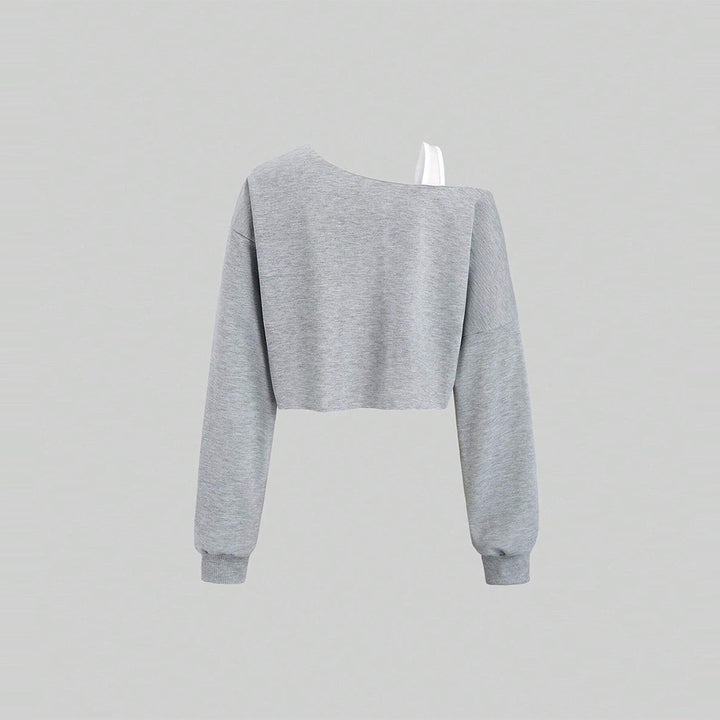 Damen cropped Off-Shoulder Sweatshirt mit einseitigem Träger, Ballonärmeln und Rippbündchen Drune