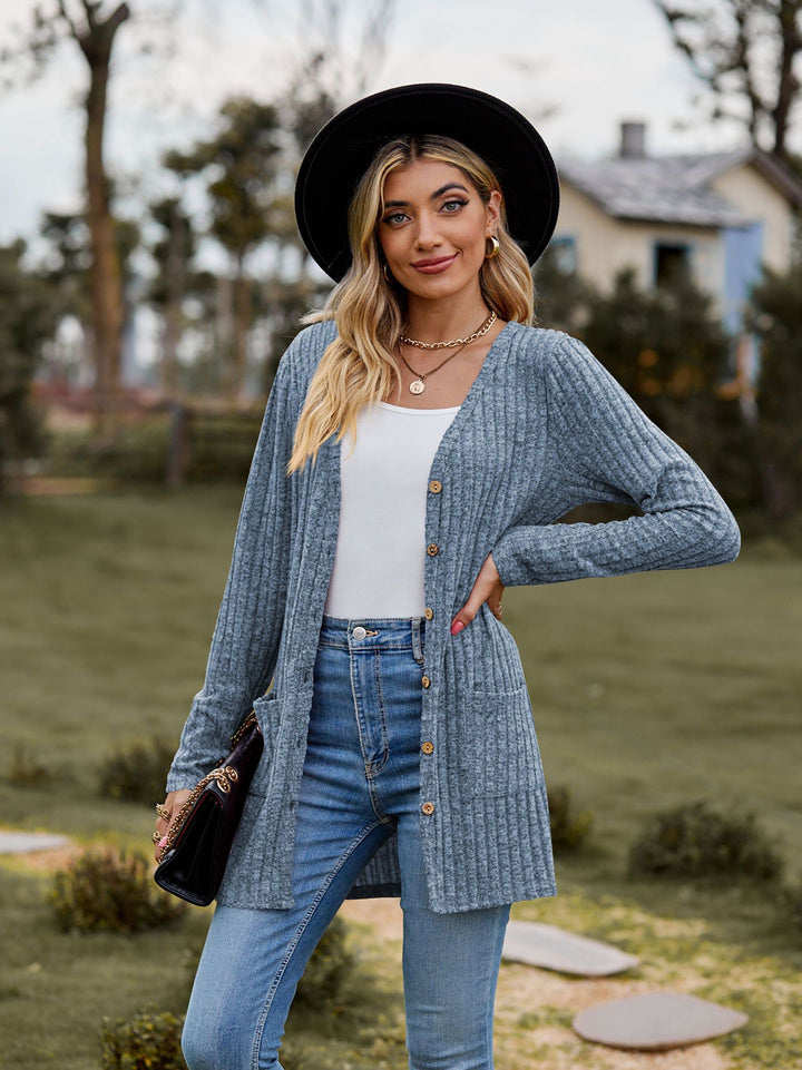 Damen Lang geschnittene Rippstrick‑Cardigan mit Knopfleiste und Eingrifftaschen Drune