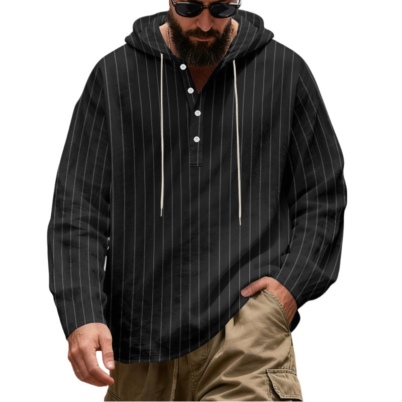 Herren Lässiges Kapuzen-Henleyshirt mit feinen Nadelstreifen und Knopfleiste Drune