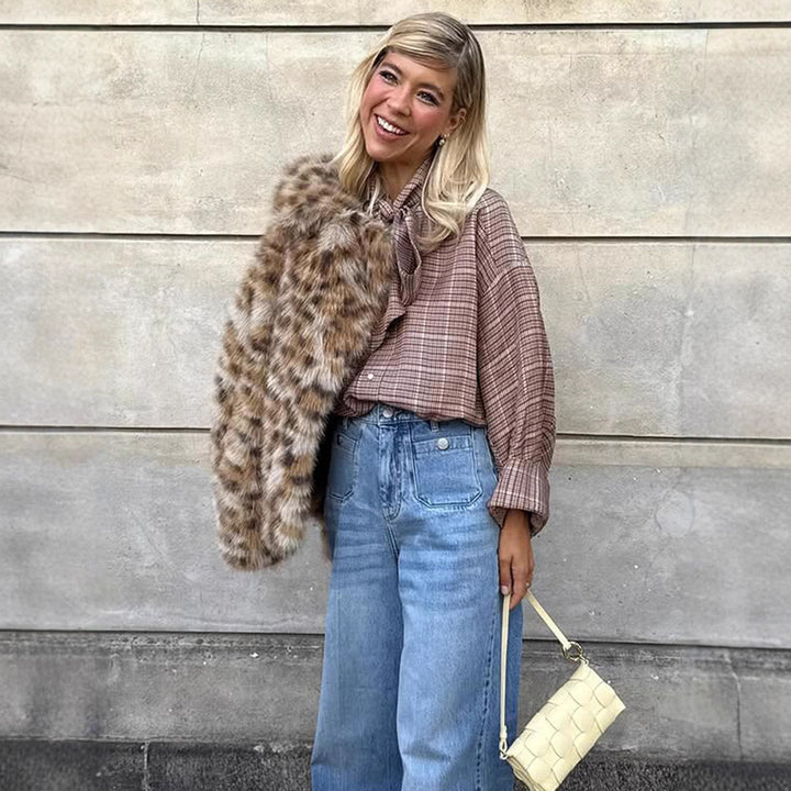 Damen Kurze Kunstpelzjacke im Leo-Muster mit kastiger Silhouette und weitem Kragen Drune