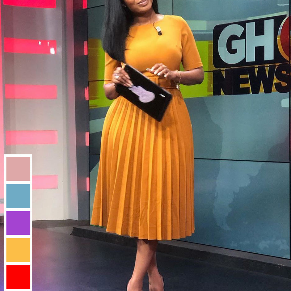 Damen Plissiertes Kleid mit Taillengürtel und kurzen Ärmeln Drune