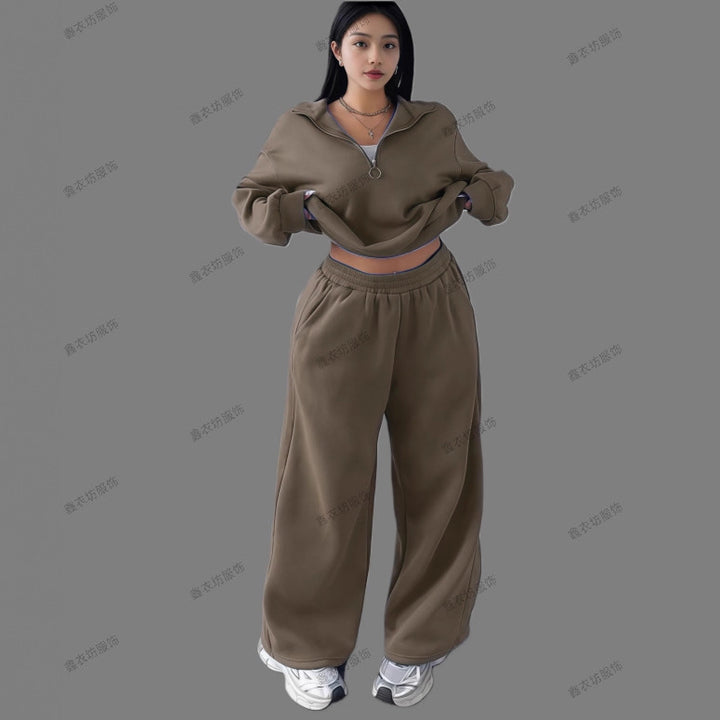 Damen Cropped Oversize-Sweatshirt mit halbem Reißverschluss und weite High-Waist Jogginghose Set Drune