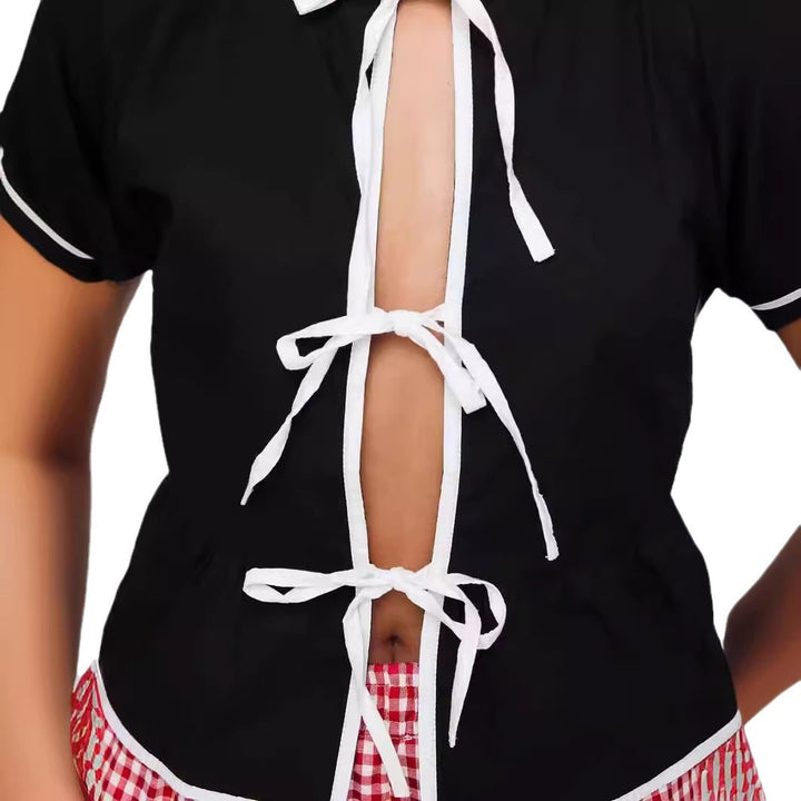 Damen Crop-Oberteil mit Puffärmeln und verstellbaren Bindebändern Drune