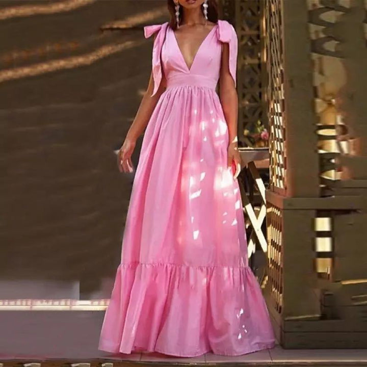 Damen Maxikleid mit festlichen Rüschendetails und tiefem V-Ausschnitt Drune