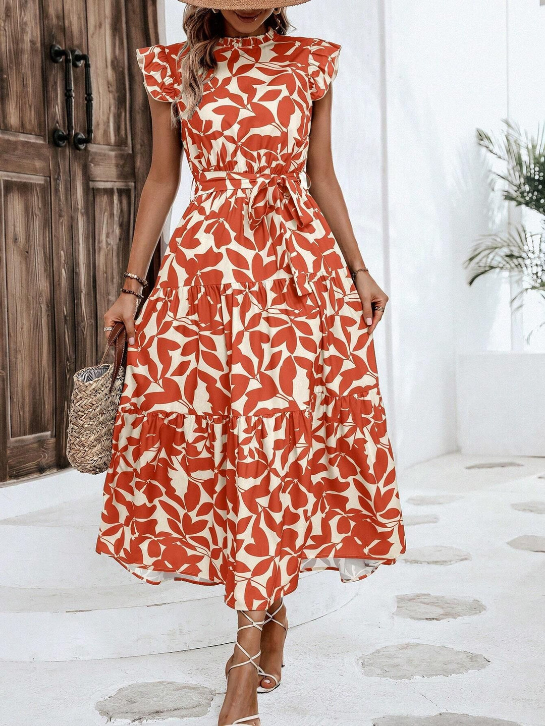 Damen Midikleid mit Stufenrock, geraffter Taillenbindung und Rüschenärmeln Drune