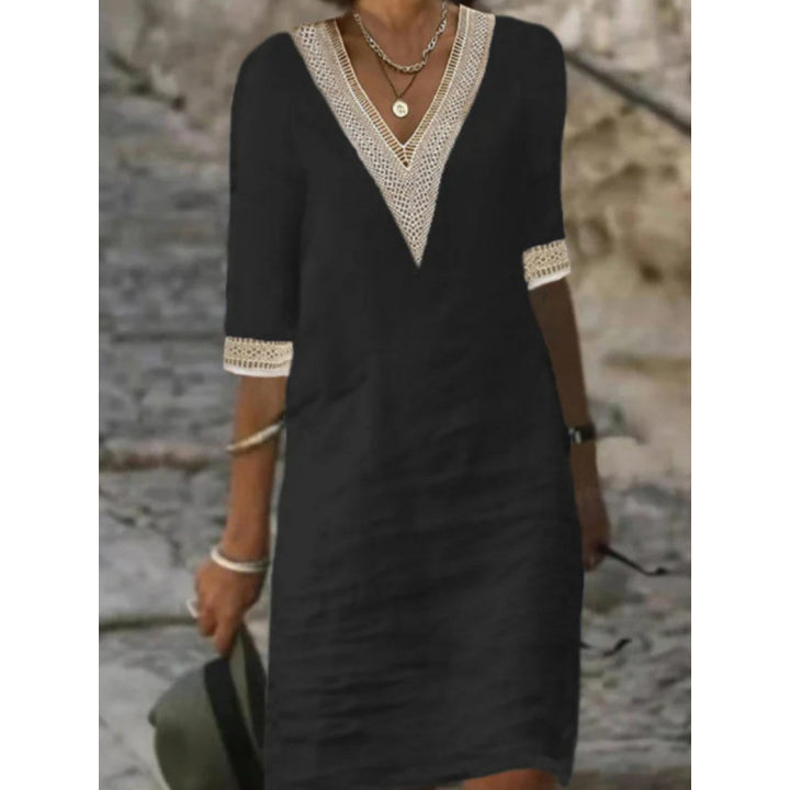 Damen Leichtes Leinen-Midikleid mit V-Ausschnitt und Häkelspitzenbesatz Drune